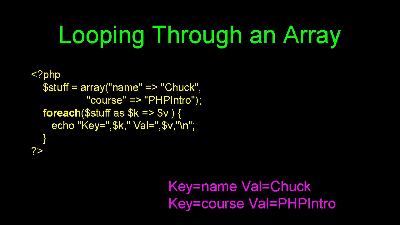 Looping Through an Array <? php $stuff = array("name" => "Chuck", "course" => "PHPIntro");