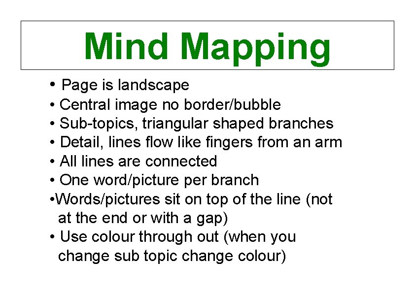 Mind Mapping • Page is landscape • Central image no border/bubble • Sub-topics, triangular