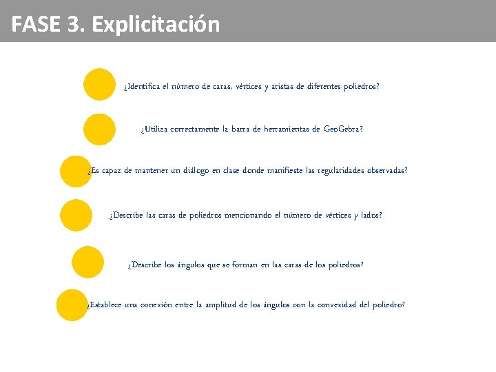 FASE 3. Explicitación ¿Identifica el número de caras, vértices y aristas de diferentes poliedros? FASE 3. Explicitación ¿Identifica el número de caras, vértices y aristas de diferentes poliedros?