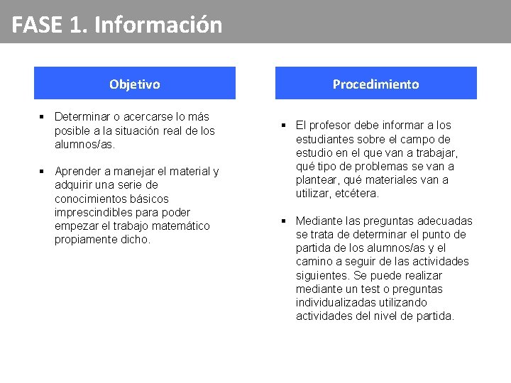 FASE 1. Información Objetivo § Determinar o acercarse lo más posible a la situación FASE 1. Información Objetivo § Determinar o acercarse lo más posible a la situación