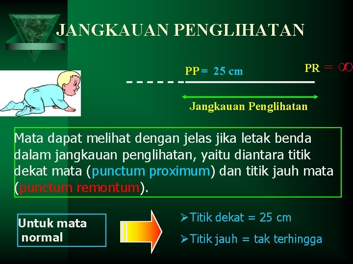 JANGKAUAN PENGLIHATAN PP = 25 cm PR = Jangkauan Penglihatan Mata dapat melihat dengan