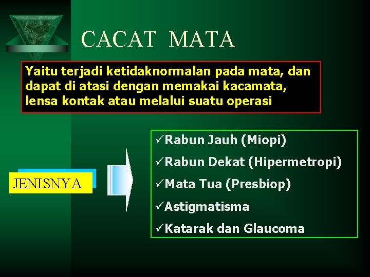 CACAT MATA Yaitu terjadi ketidaknormalan pada mata, dan dapat di atasi dengan memakai kacamata,