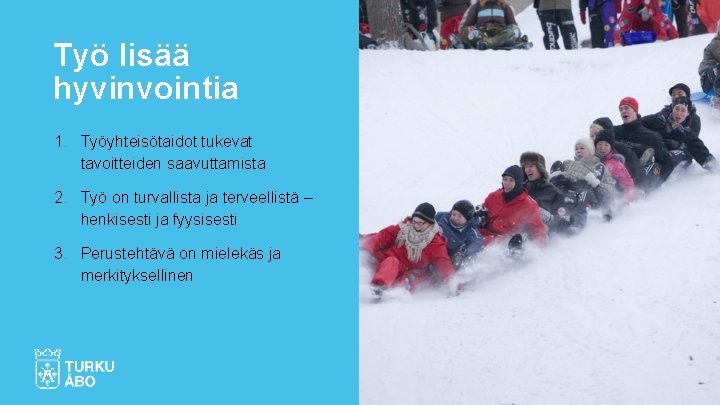 Työ lisää hyvinvointia 1. Työyhteisötaidot tukevat tavoitteiden saavuttamista 2. Työ on turvallista ja terveellistä