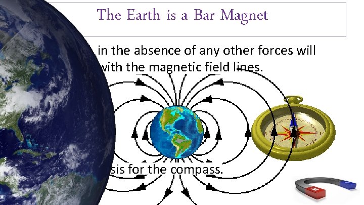 The Earth is a Bar Magnet • A magnet, in the absence of any