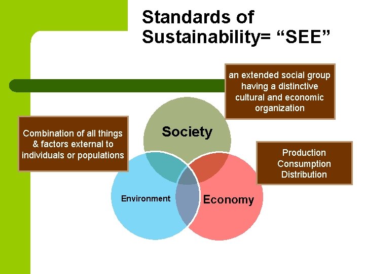 Standards of Sustainability= “SEE” an extended social group having a distinctive cultural and economic