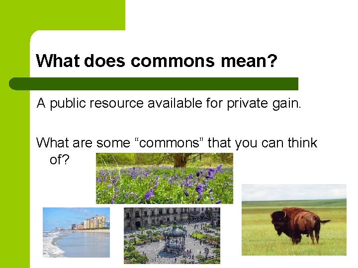 What does commons mean? A public resource available for private gain. What are some