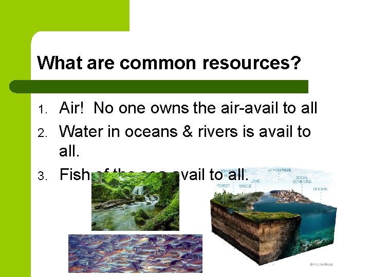 What are common resources? 1. 2. 3. Air! No one owns the air-avail to