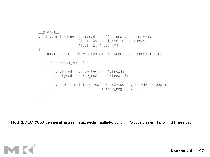 FIGURE A. 8. 4 CUDA version of sparse matrix-vector multiply. Copyright © 2009 Elsevier,