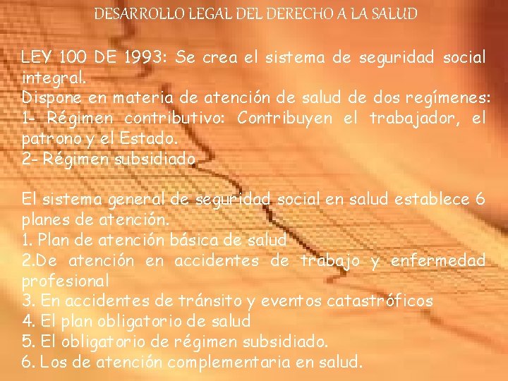 DESARROLLO LEGAL DERECHO A LA SALUD LEY 100 DE 1993: Se crea el sistema