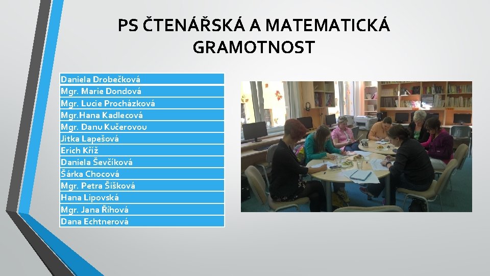 PS ČTENÁŘSKÁ A MATEMATICKÁ GRAMOTNOST Daniela Drobečková Mgr. Marie Dondová Mgr. Lucie Procházková Mgr.