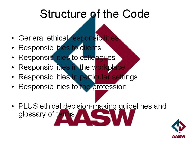 Structure of the Code • • • General ethical responsibilities Responsibilities to clients Responsibilities