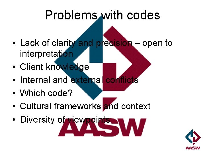 Problems with codes • Lack of clarity and precision – open to interpretation •