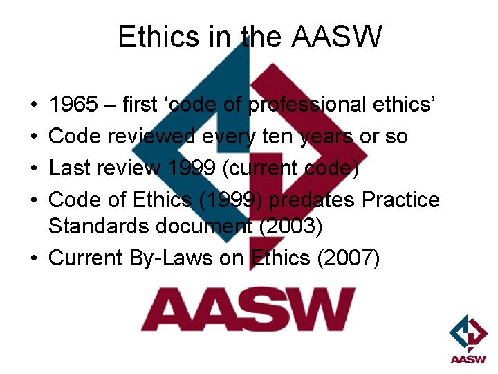 Ethics in the AASW • • 1965 – first ‘code of professional ethics’ Code