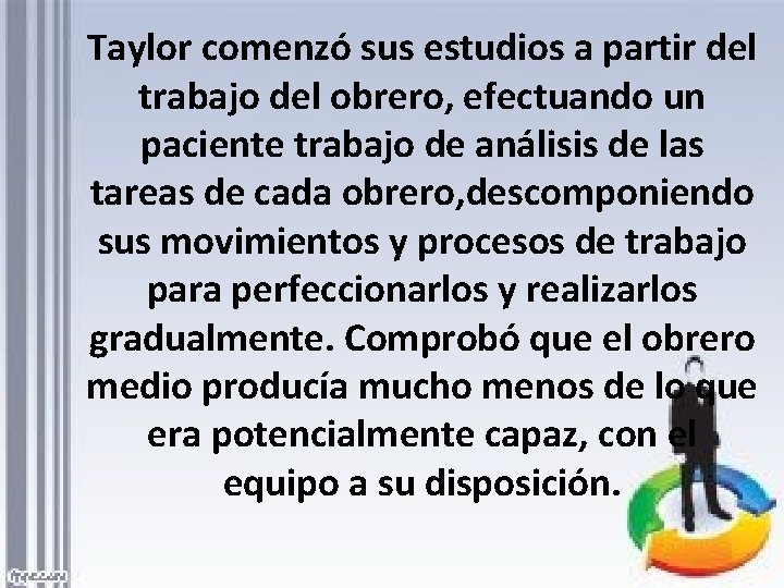 Taylor comenzó sus estudios a partir del trabajo del obrero, efectuando un paciente trabajo