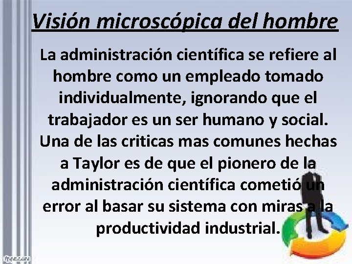 Visión microscópica del hombre La administración científica se refiere al hombre como un empleado