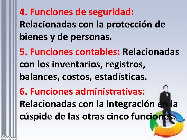 4. Funciones de seguridad: Relacionadas con la protección de bienes y de personas. 5.