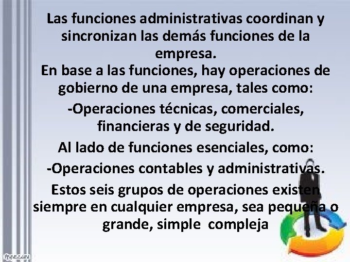 Las funciones administrativas coordinan y sincronizan las demás funciones de la empresa. En base