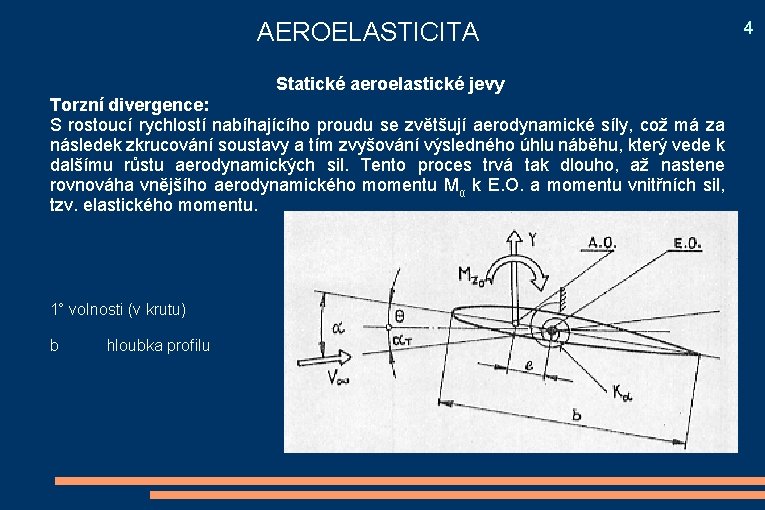 AEROELASTICITA Statické aeroelastické jevy Torzní divergence: S rostoucí rychlostí nabíhajícího proudu se zvětšují aerodynamické