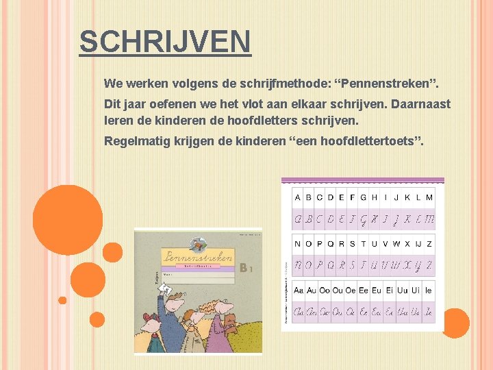 SCHRIJVEN We werken volgens de schrijfmethode: “Pennenstreken”. Dit jaar oefenen we het vlot aan