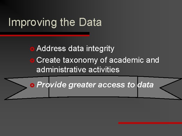 Improving the Data £ Address data integrity £ Create taxonomy of academic and administrative