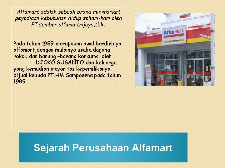 Alfamart adalah sebuah brand minimarket peyediaan kebutuhan hidup sehari-hari oleh PT. sumber alfaria trijaya,