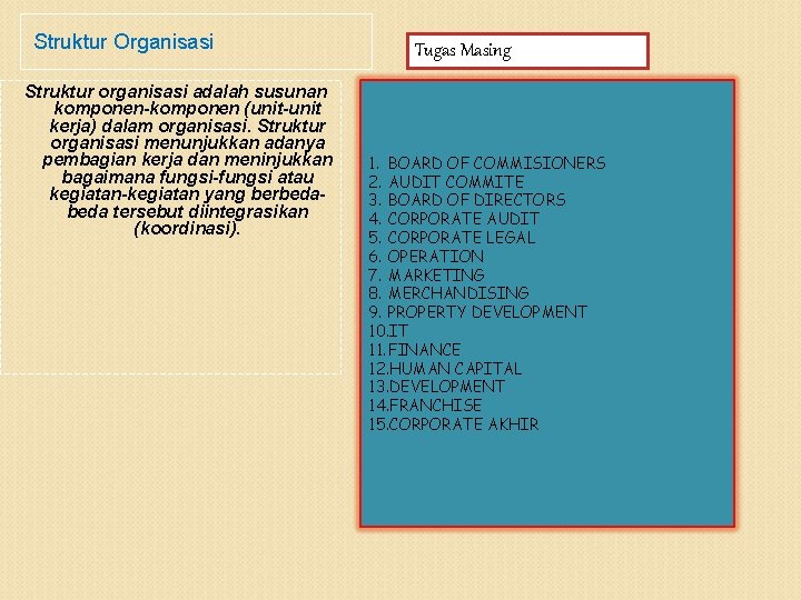 Struktur Organisasi Struktur organisasi adalah susunan komponen-komponen (unit-unit kerja) dalam organisasi. Struktur organisasi menunjukkan