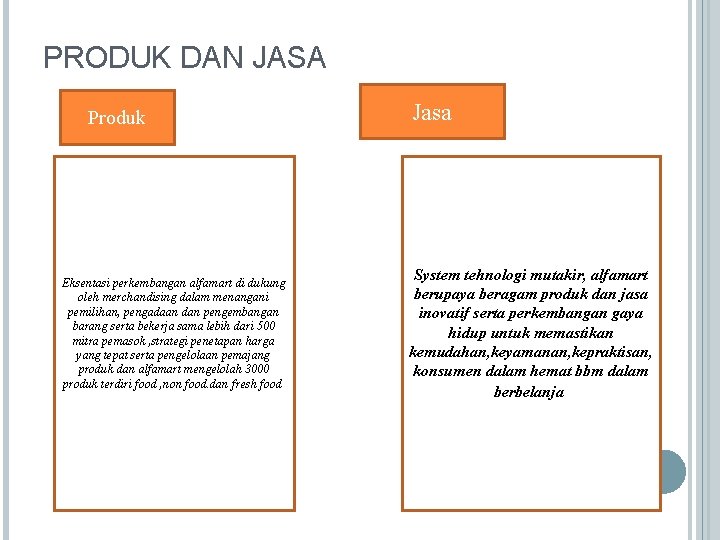 PRODUK DAN JASA Produk Eksentasi perkembangan alfamart di dukung oleh merchandising dalam menangani pemilihan,