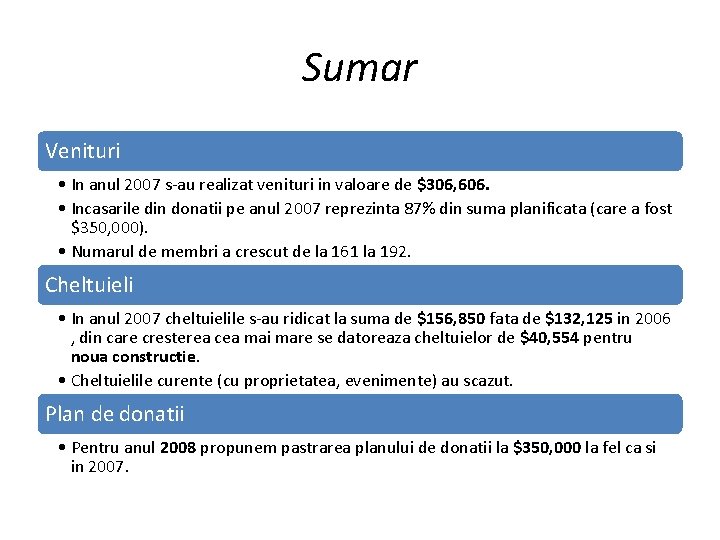 Sumar Venituri • In anul 2007 s-au realizat venituri in valoare de $306, 606.