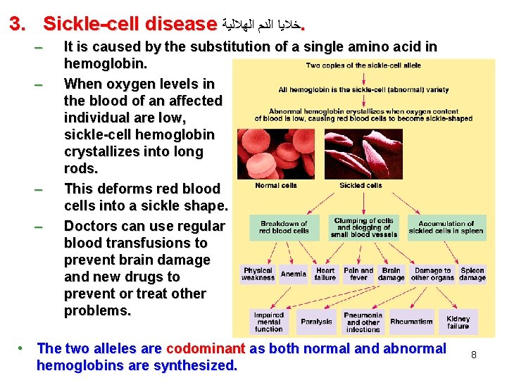 3. Sickle-cell disease ﺧﻼﻳﺎ ﺍﻟﺪﻡ ﺍﻟﻬﻼﻟﻴﺔ. – – It is caused by the substitution