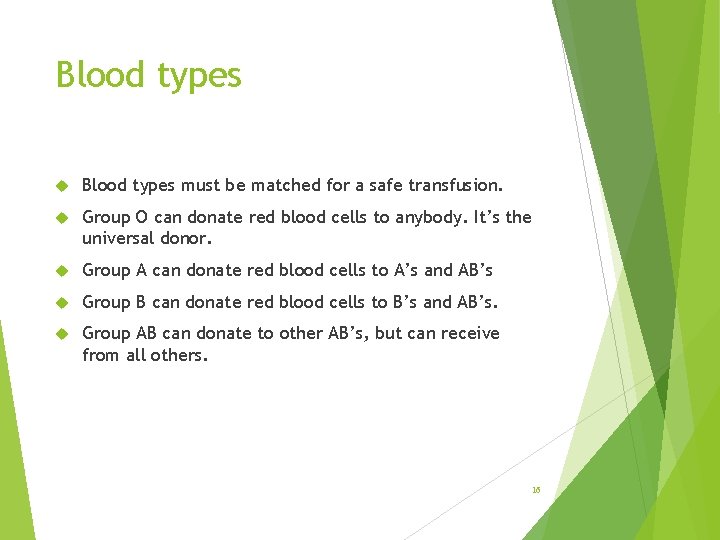 Blood types must be matched for a safe transfusion. Group O can donate red