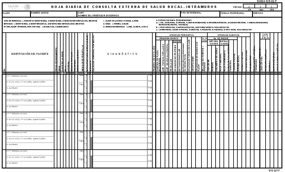 SINBA-SIS-02 -P HOJA DIARIA DE CONSULTA EXTERNA DE SALUD BUCAL. INTRAMUROS 1 2 CURP