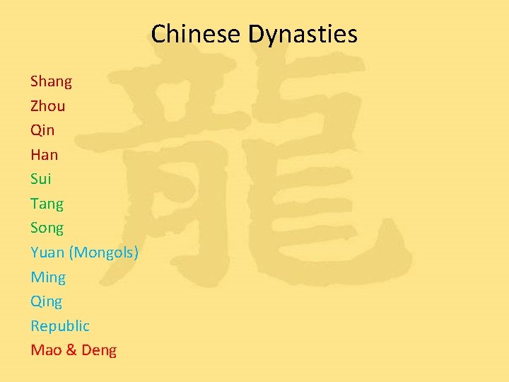 Chinese Dynasties Shang Zhou Qin Han Sui Tang Song Yuan (Mongols) Ming Qing Republic