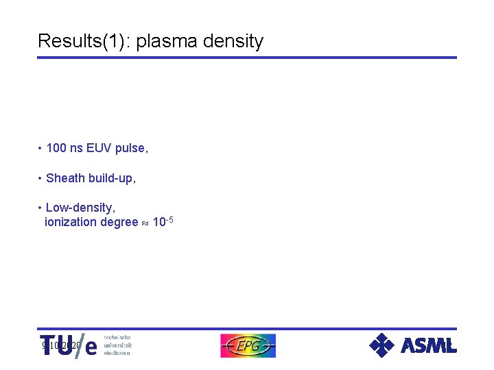 Results(1): plasma density • 100 ns EUV pulse, • Sheath build-up, • Low-density, ionization