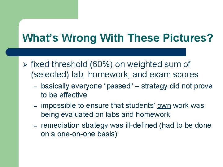 What’s Wrong With These Pictures? Ø fixed threshold (60%) on weighted sum of (selected)