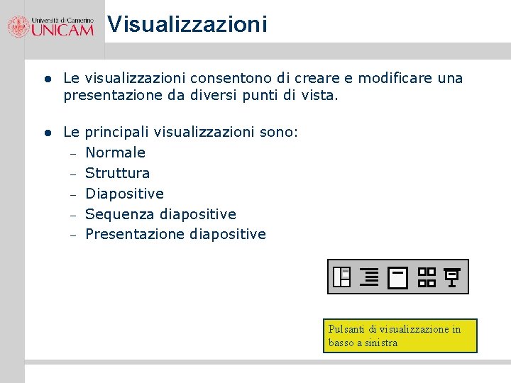 Visualizzazioni l Le visualizzazioni consentono di creare e modificare una presentazione da diversi punti