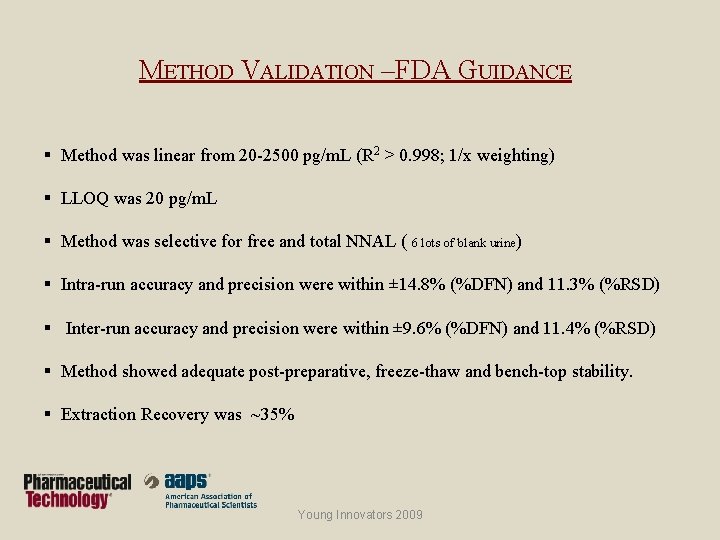 METHOD VALIDATION – FDA GUIDANCE § Method was linear from 20 -2500 pg/m. L