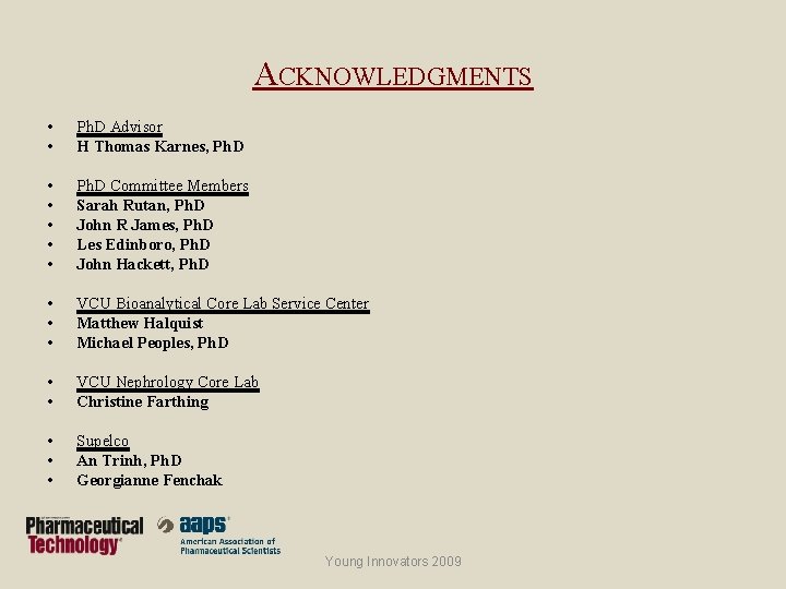 ACKNOWLEDGMENTS • • Ph. D Advisor H Thomas Karnes, Ph. D • • •