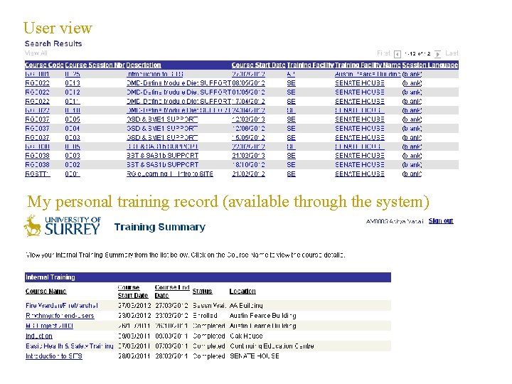 User view My personal training record (available through the system) 