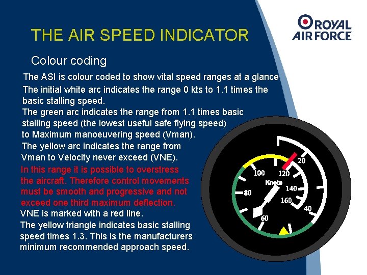 THE AIR SPEED INDICATOR Colour coding The ASI is colour coded to show vital