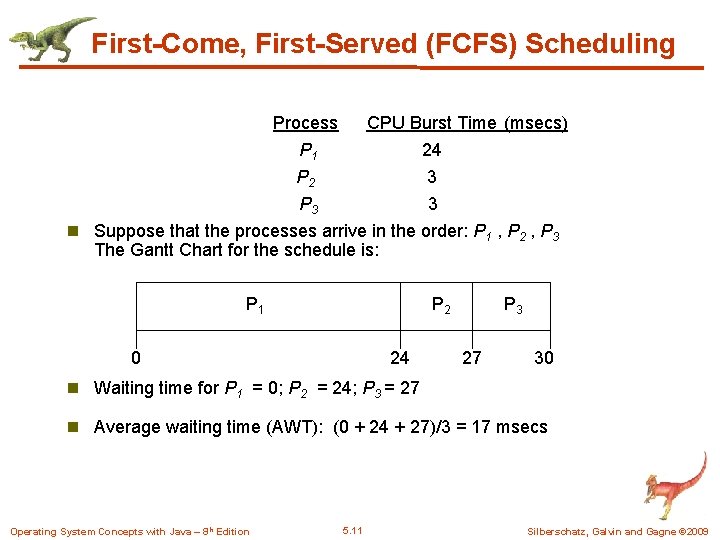 First-Come, First-Served (FCFS) Scheduling Process CPU Burst Time (msecs) P 1 24 P 2