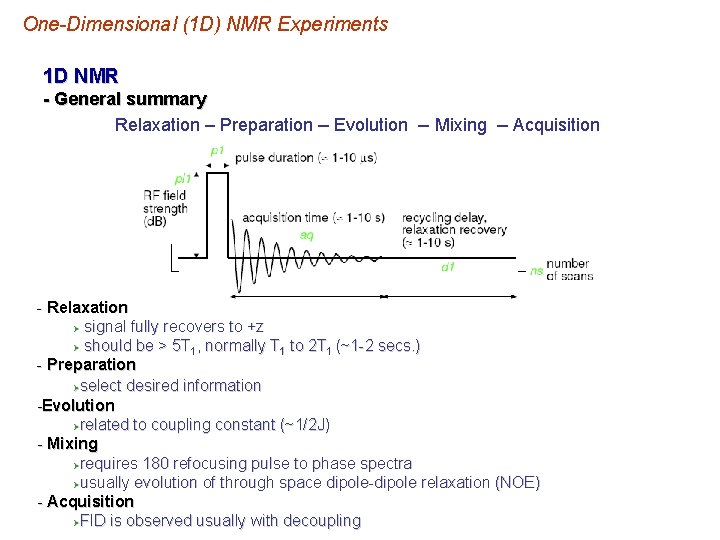 One-Dimensional (1 D) NMR Experiments 1 D NMR - General summary Relaxation – Preparation