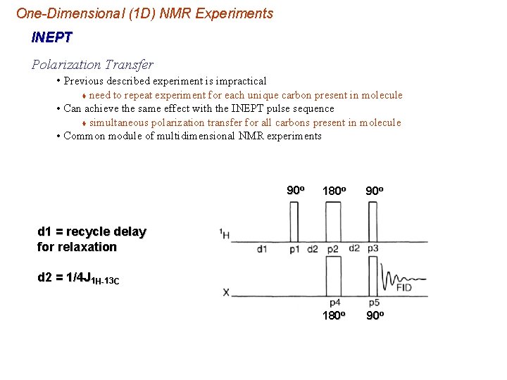 One-Dimensional (1 D) NMR Experiments INEPT Polarization Transfer • Previous described experiment is impractical