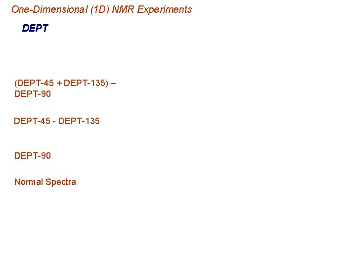 One-Dimensional (1 D) NMR Experiments DEPT (DEPT-45 + DEPT-135) – DEPT-90 DEPT-45 - DEPT-135 One-Dimensional (1 D) NMR Experiments DEPT (DEPT-45 + DEPT-135) – DEPT-90 DEPT-45 - DEPT-135