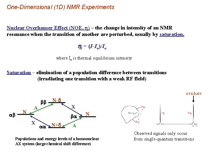 One-Dimensional (1 D) NMR Experiments Nuclear Overhauser Effect (NOE, h) – the change in