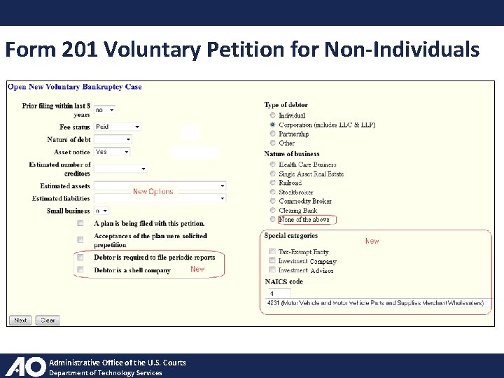 Form 201 Voluntary Petition for Non-Individuals Administrative Office of the U. S. Courts Department
