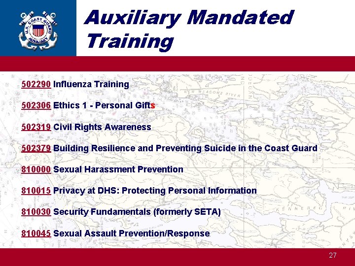 Auxiliary Mandated Training 502290 Influenza Training 502306 Ethics 1 - Personal Gifts 502319 Civil