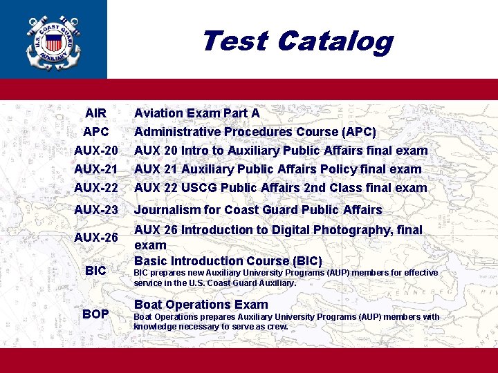Test Catalog AIR APC AUX-20 AUX-21 AUX-22 Aviation Exam Part A Administrative Procedures Course
