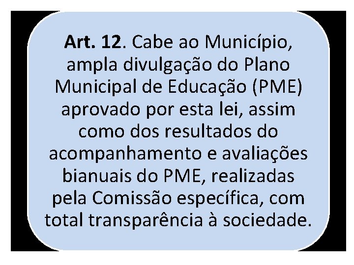 Art. 12. Cabe ao Município, ampla divulgação do Plano Municipal de Educação (PME) aprovado
