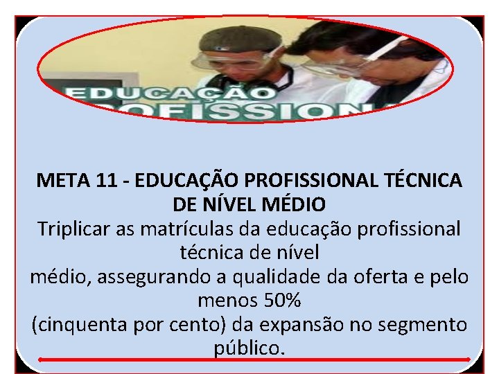 META 11 - EDUCAÇÃO PROFISSIONAL TÉCNICA DE NÍVEL MÉDIO Triplicar as matrículas da educação