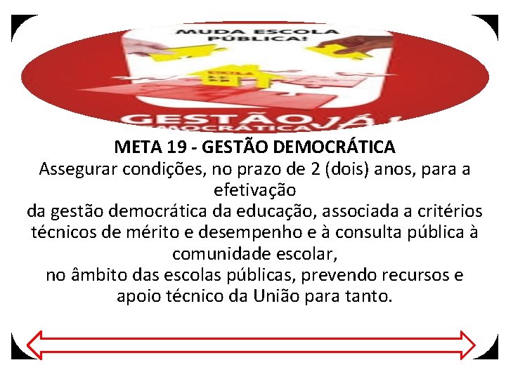 META 19 - GESTÃO DEMOCRÁTICA Assegurar condições, no prazo de 2 (dois) anos, para